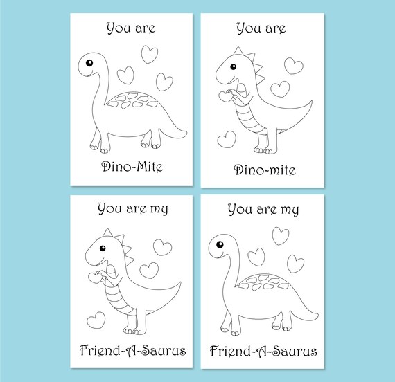 Valentines day dinosaur printable coloring cards dinosaur party activity school classroom valentine card kids dinosaur coloring