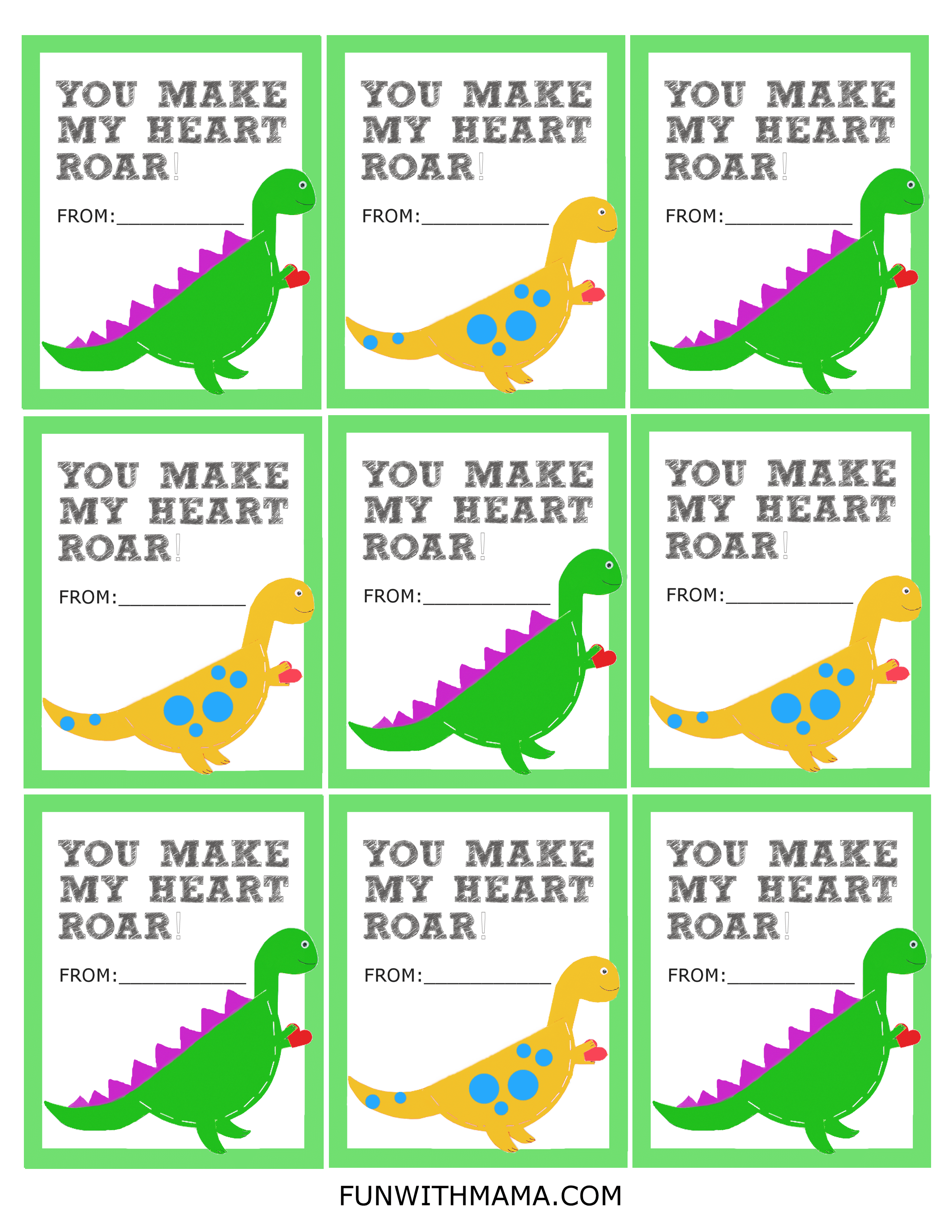 Adorable printable dinosaur valentine cards