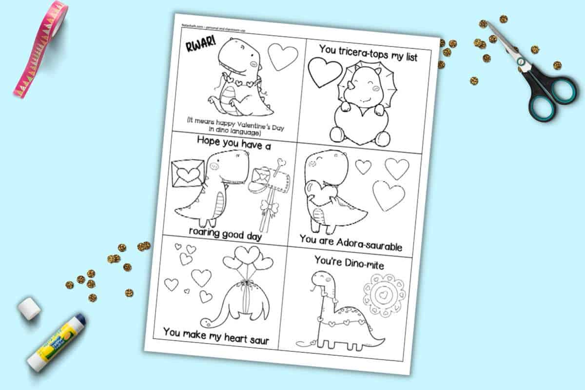 Free dinosaur black and white printable valentine cards