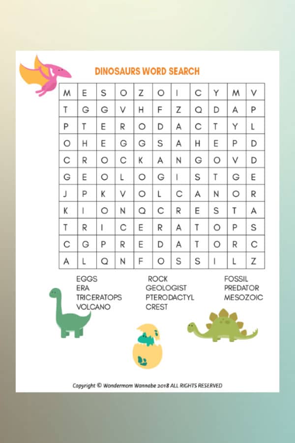 Printable dinosaur word search for kids