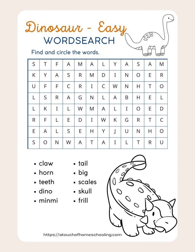 Free printable dinosaur word search for kids