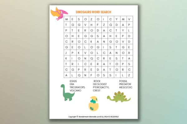 Printable dinosaur word search for kids