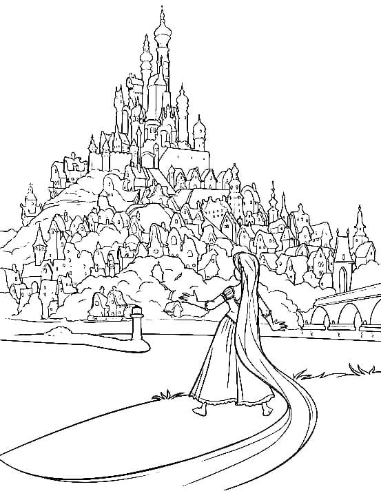 Princess rapunzel and castle coloring page