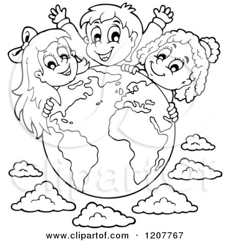 Cartoon of outlined happy diverse children over a globe and clouds