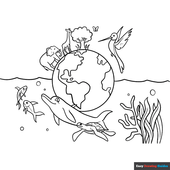 Biodiversity coloring page easy drawing guides