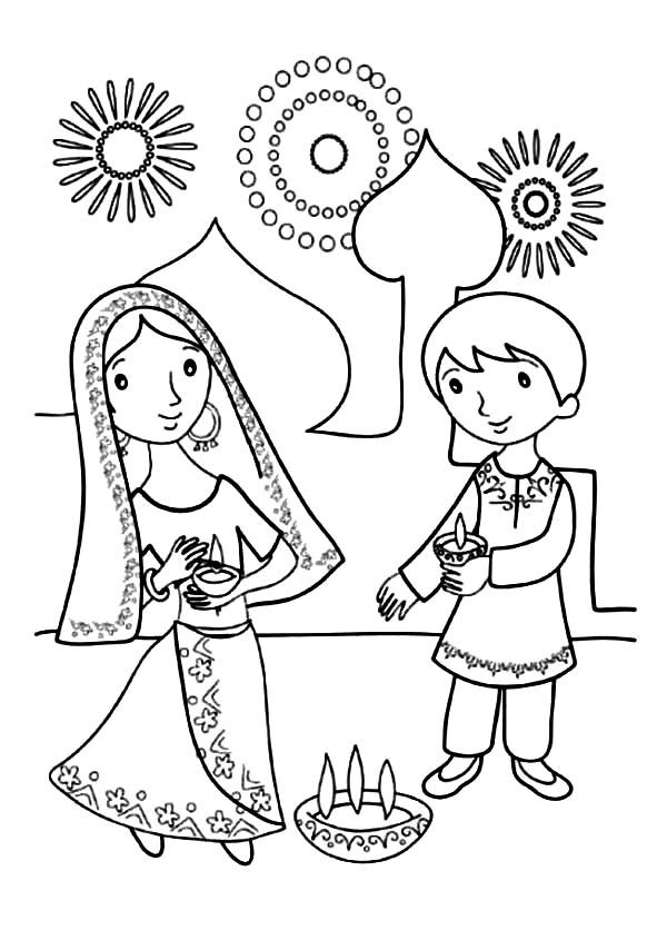 Kids celebrate diwali coloring page