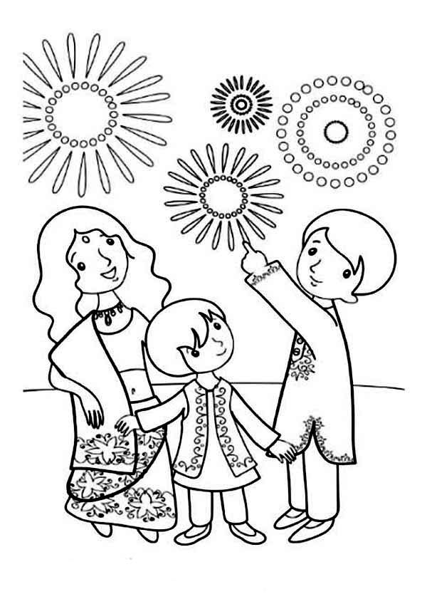 A family celebrate diwali coloring page