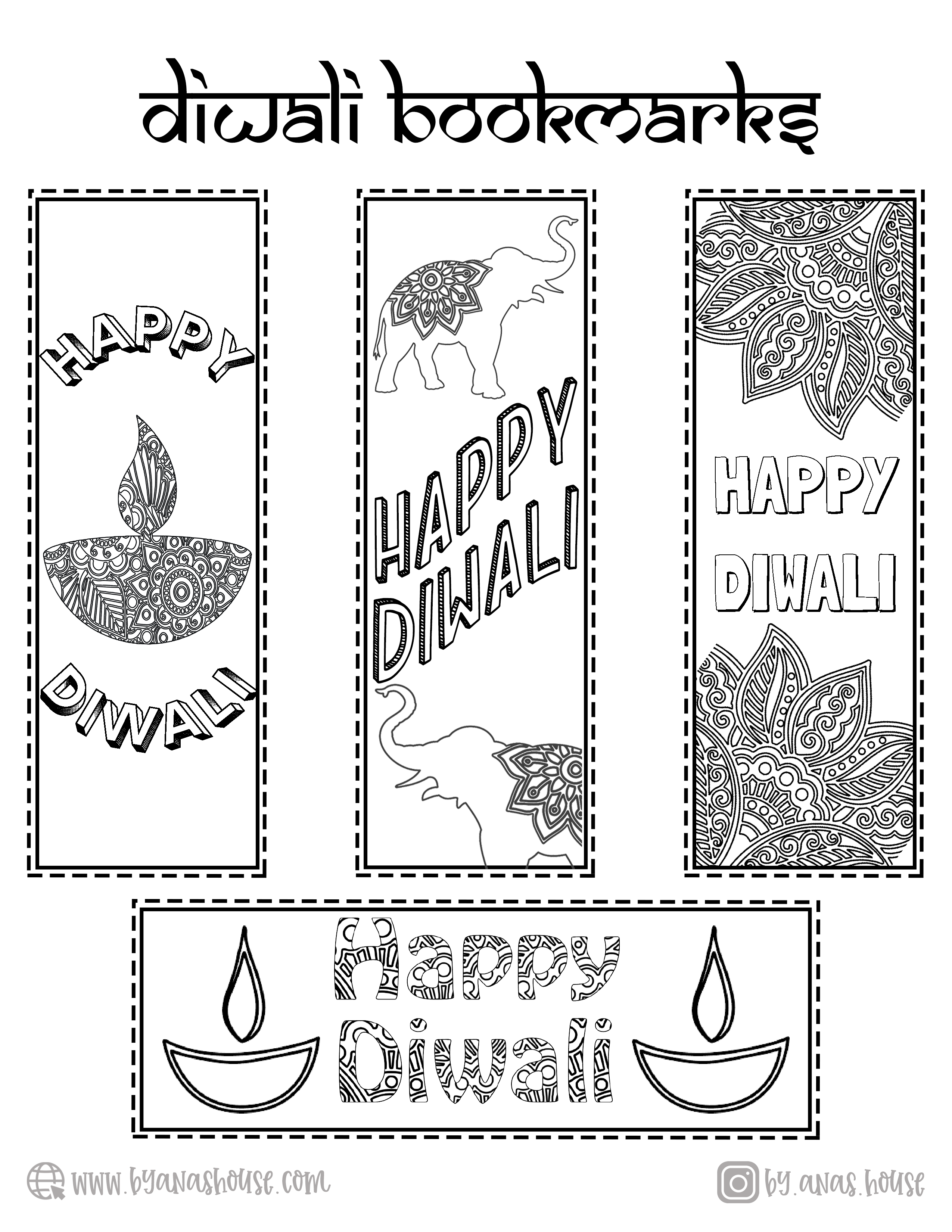 Color your own diwali bookmarks printable â by anas house