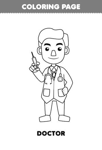 Premium vector education game for children coloring page of cute cartoon doctor profession line art printable worksheet