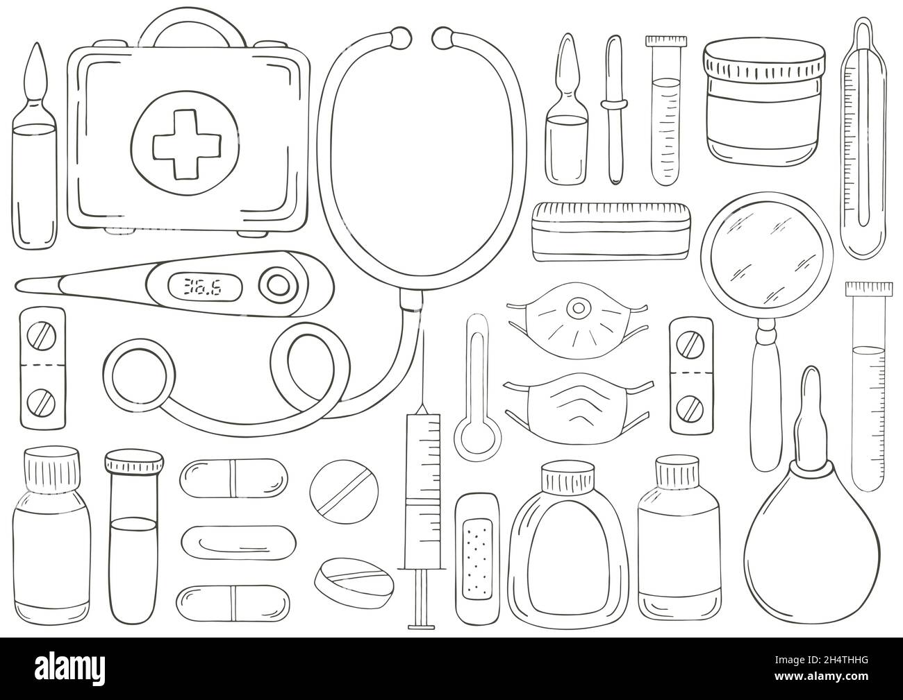 Coloring page set of doctors tools in hand draw style ambulance doctor tools medical case medications stethoscope masks stock vector image art