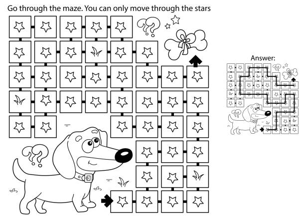 Maze or labyrinth game puzzle coloring page outline of cartoon little dog with bone dachshund puppy coloring book for kids stock illustration