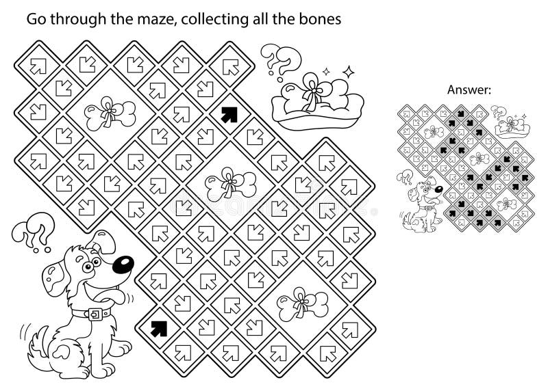 Maze or labyrinth game puzzle coloring page outline of cartoon fun dog with bone stock vector