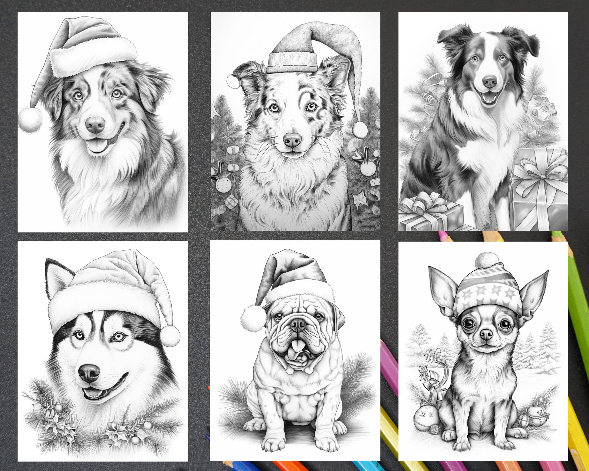 Christmas dogs grayscale coloring pages for adults printable pdf i â coloring