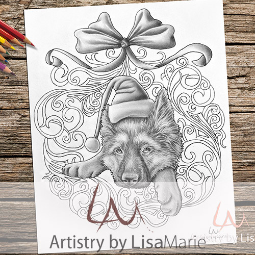 Dog with christmas wreath printable coloring page â artistry by lisa marie