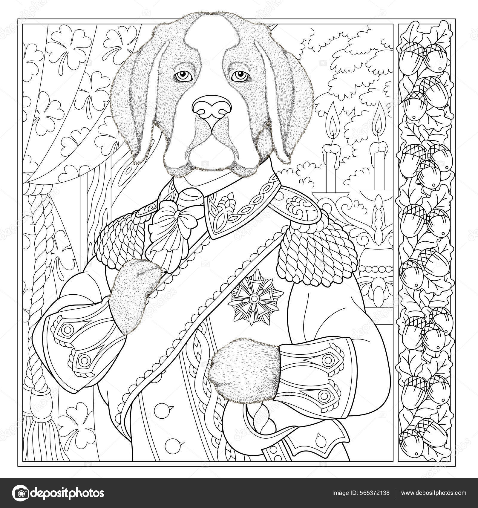 Floral adult coloring book page fairy tale dog male animal stock vector by sybirko