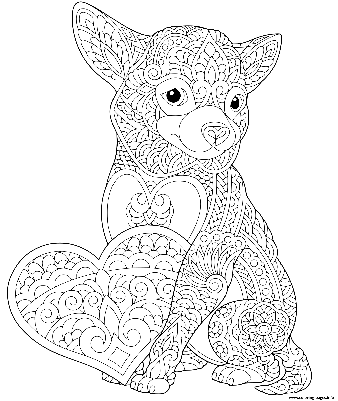 Lovely dog with heart for valentines day card anti stress coloring page printable