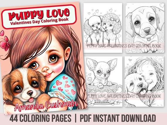 Cute dogs printable coloring book grayscale coloring book pdf puppies valentines coloring pages canine dog breeds coloring book