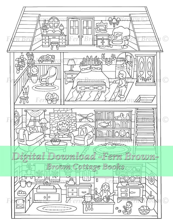 Doll house coloring page rustic home hunting lodge instant download line art cabin dollhouse by fern brown hand