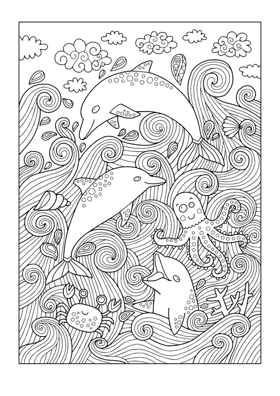 Adult coloring page dolphins doodle art diy coloring poster printable pdf instant download