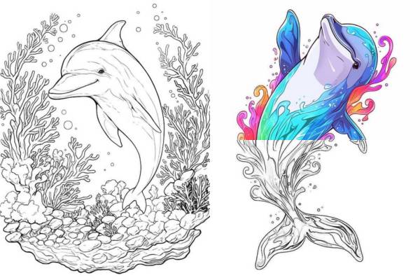 Dolphin coloring pages for kids and adults