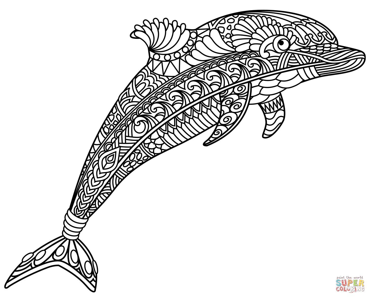 Dolphin zentangle coloring page free printable coloring pages