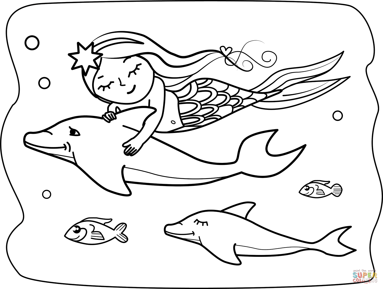 Mermaid with dolphin coloring page free printable coloring pages