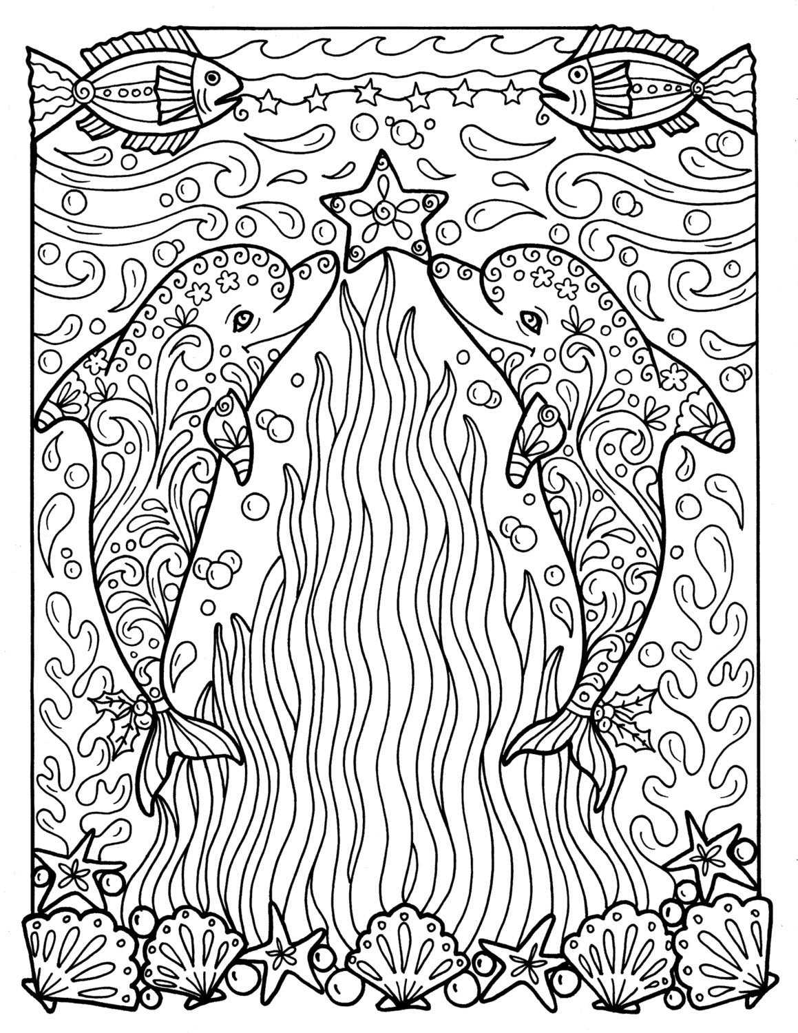 Christmas dolphins coloring page adult coloring beach color book