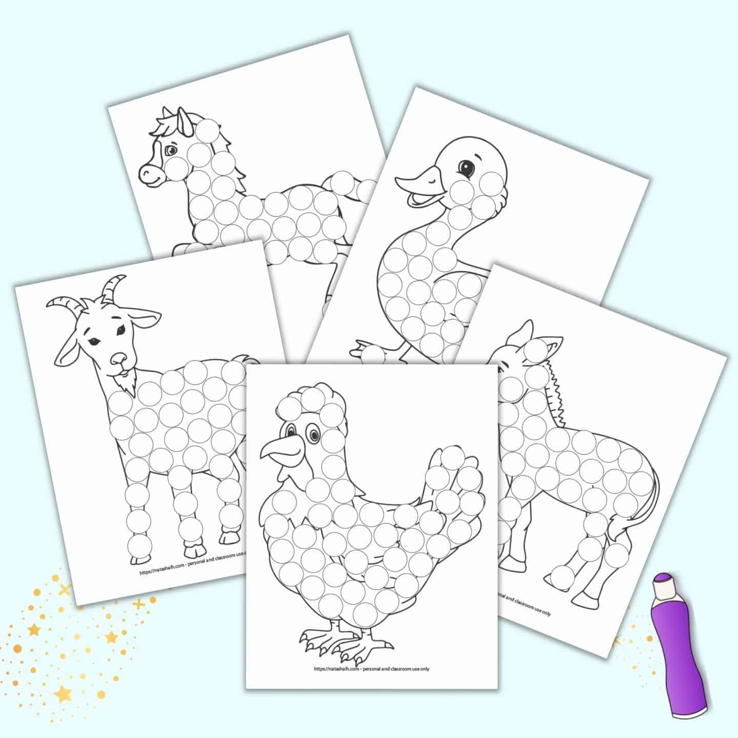 Free printable farm animal dot marker coloring pages for toddlers preschoolers