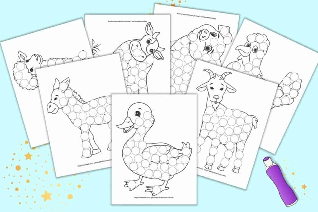 Free printable farm animal dot marker coloring pages for toddlers preschoolers