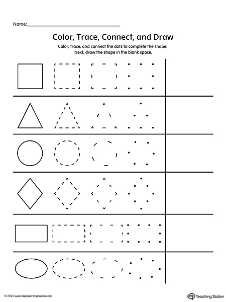 Free color trace and connect the dots to plete the shapes