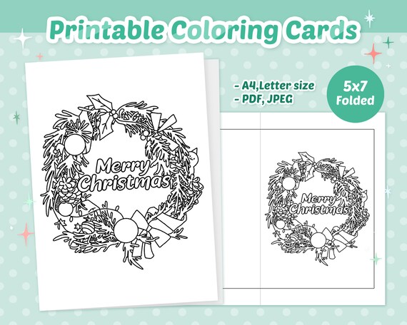 Printable christmas wreath coloring card for kids instant download x card greeting card holiday card diy card download now