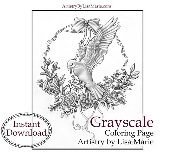 Christmas dove and wreath adult coloring pages holiday decor printable coloring book pdf and jpg artistry by lisa marie