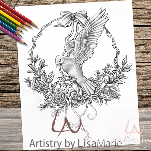 Dove with christmas wreath printable coloring page â artistry by lisa marie