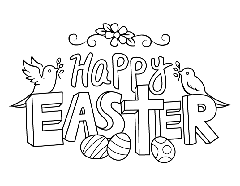 Printable happy easter with doves and eggs coloring page