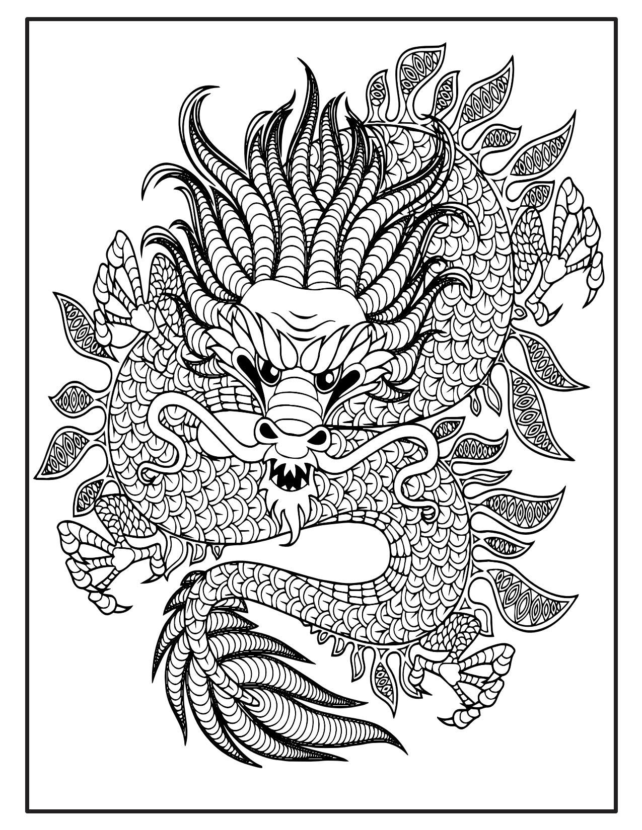 Dragons coloring book pages for adults