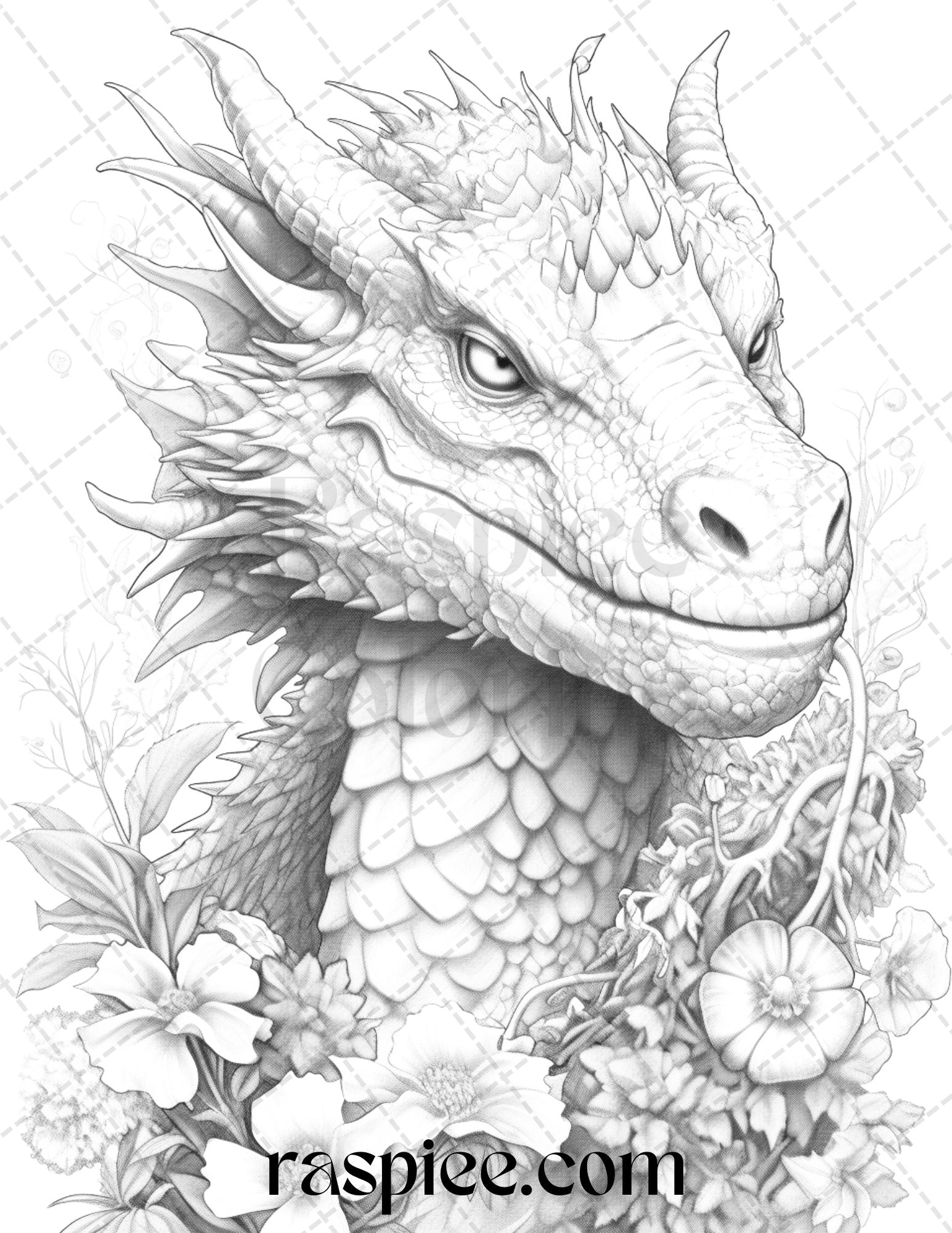 Flower dragon grayscale coloring pages printable for adults pdf fi â coloring