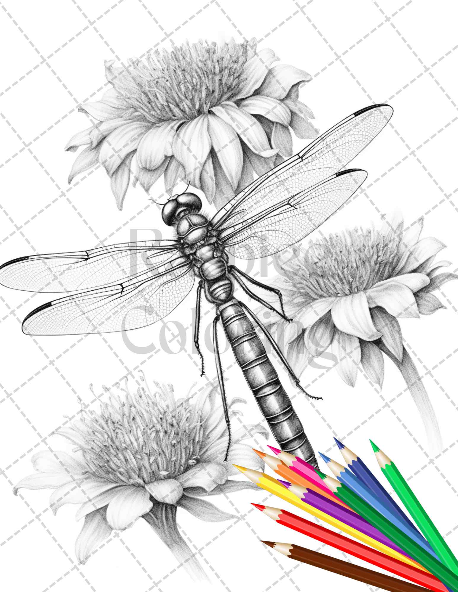 Vintage botanical dragonfly grayscale coloring pages printable for adu â coloring