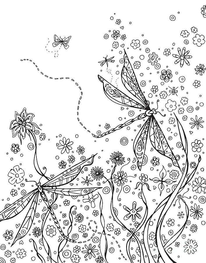 Original dragonfly coloring page design for adults and kids black and white dragonfly coloring art drawing by megan aroon