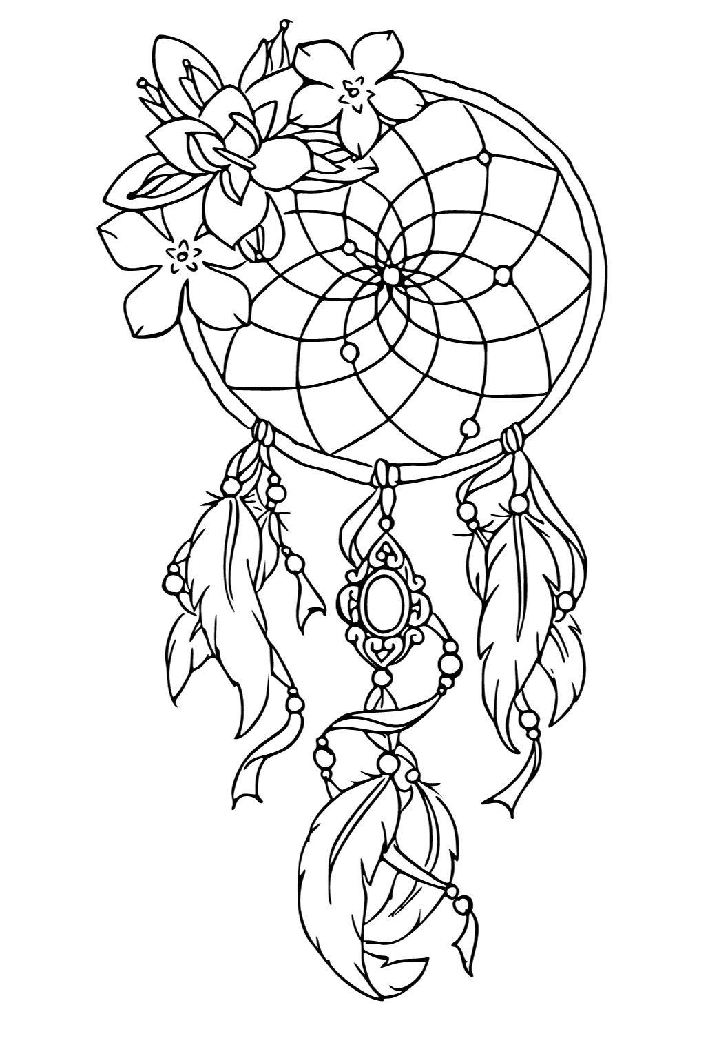 Free printable dream catcher flowers coloring page for adults and kids