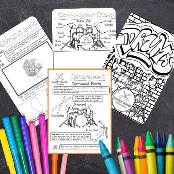 Drum set instrument coloring sheet printable pdf digital