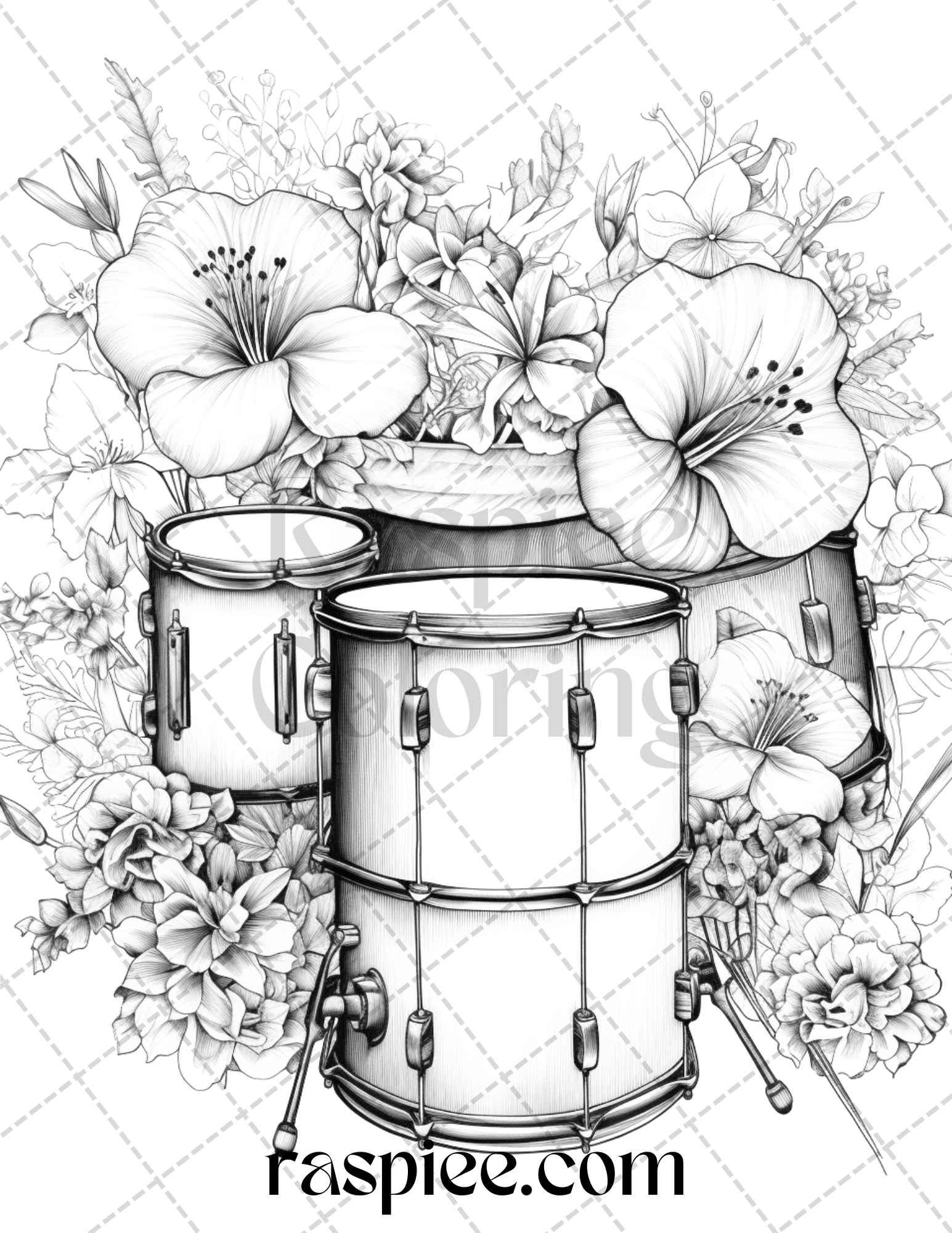 Musical instrument flower grayscale coloring pages printable for ad â coloring