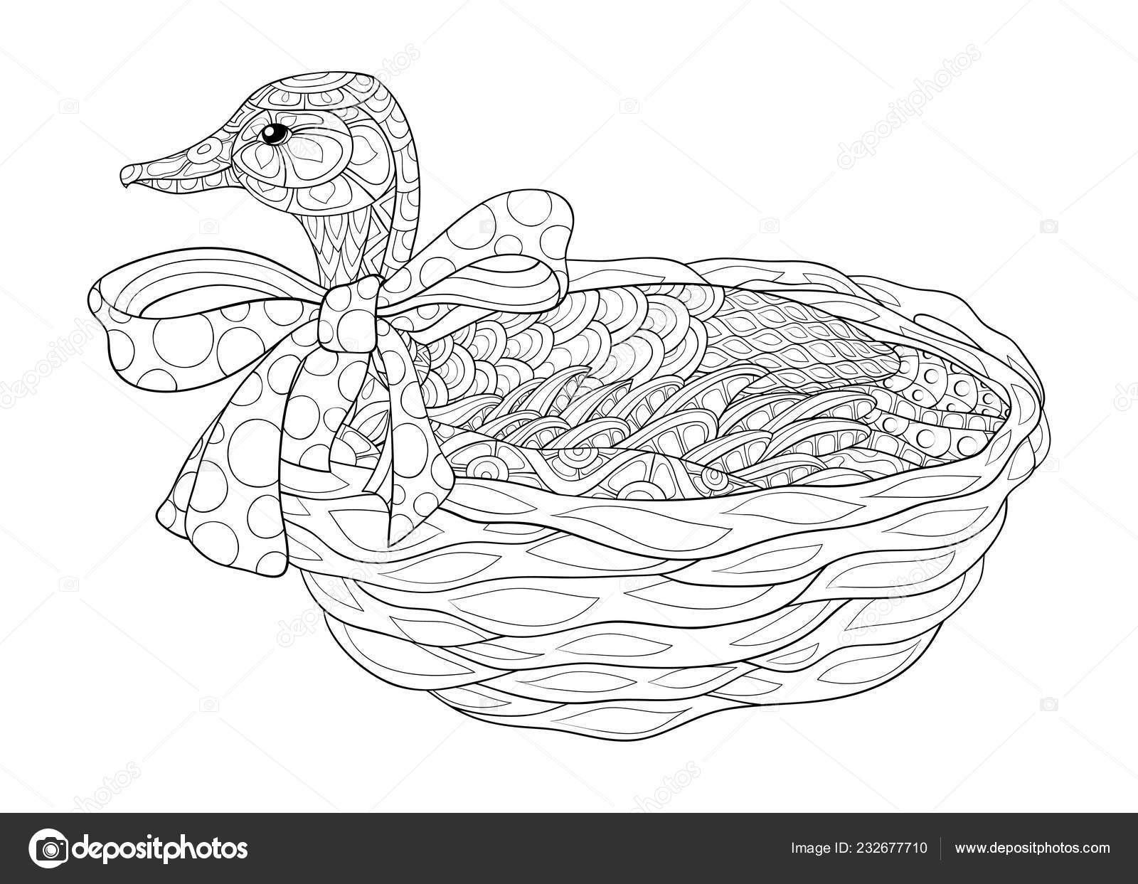 Cute duck basket image relaxing activity coloring book page adults stock vector by nonuzza