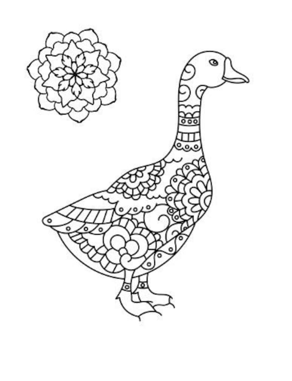 Duck coloring page instant download animals coloring printable line art mandala duck farm animal adult coloring pages