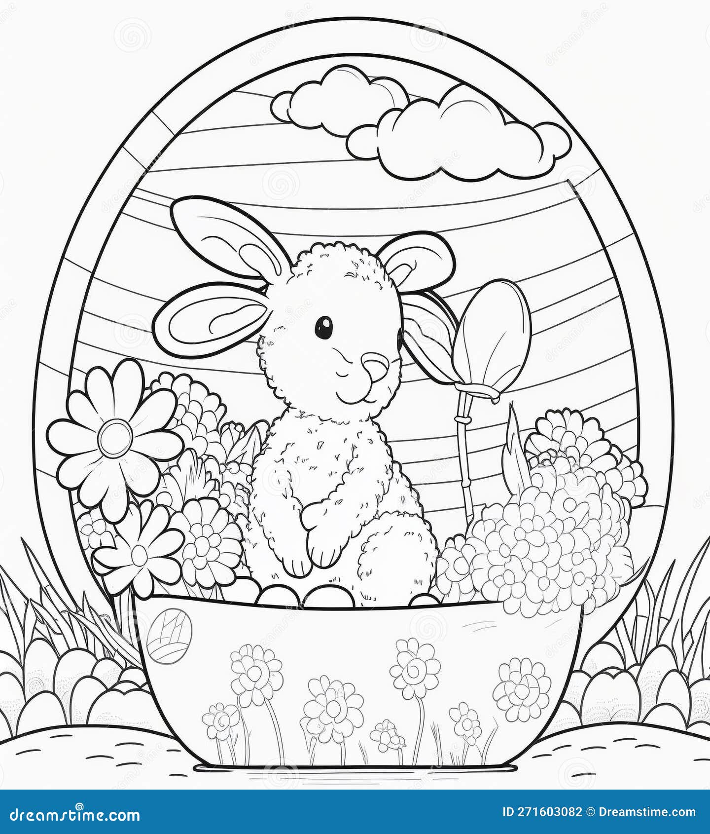 Coloring for kids printable coloring page easter school hobby portrait format drawn bunny eggs white background stock illustration