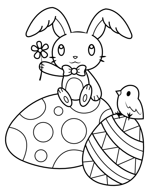 Printable easter bunny with baby chick and easter eggs coloring page