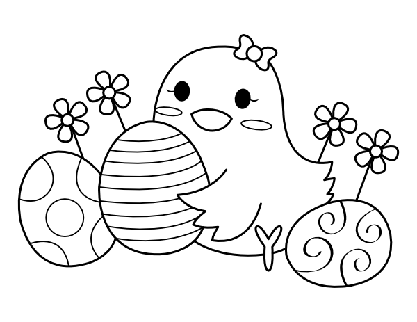 Printable baby chick with easter eggs and flowers coloring page