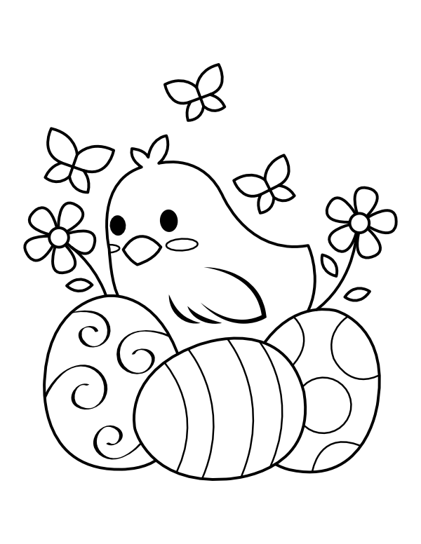 Printable easter chick with eggs coloring page