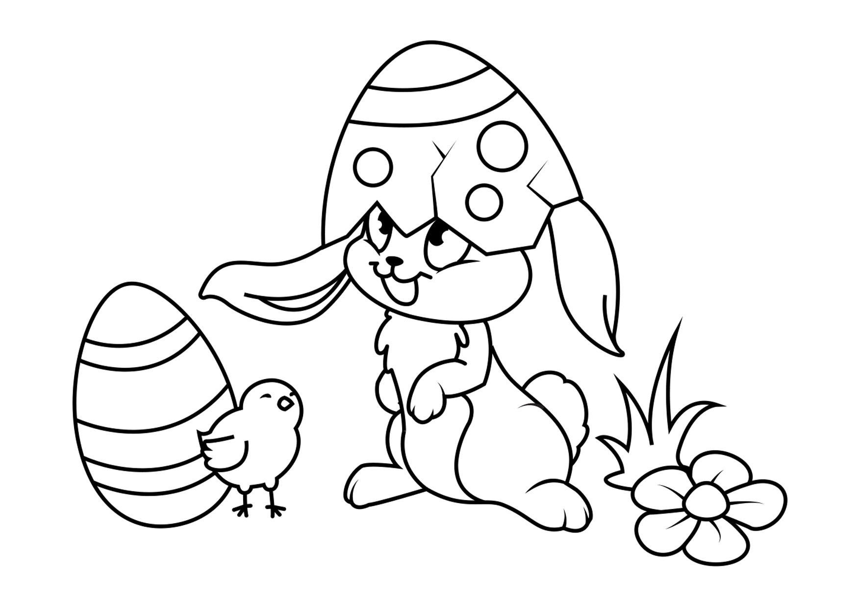 Coloring page easter bunny with chick