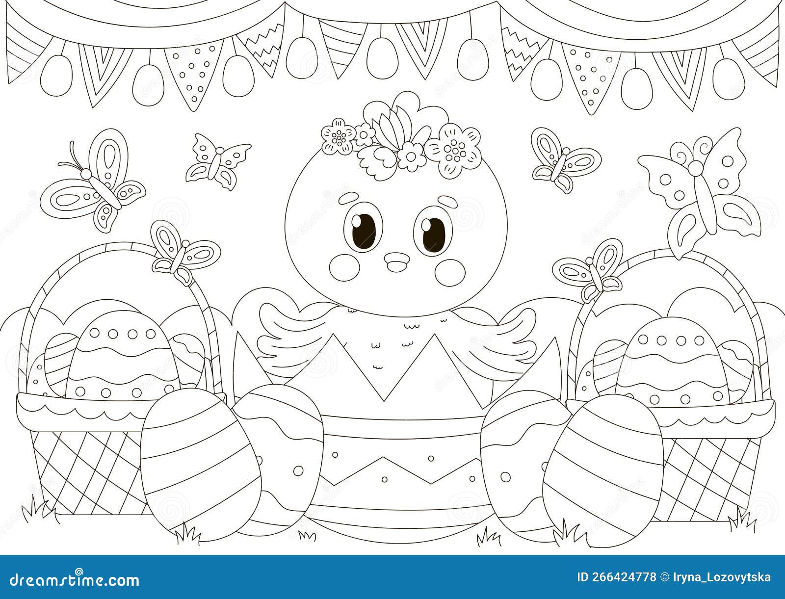 Cute coloring page for easter holidays with chick character in egg shell and baskets with eggs and flowers stock vector