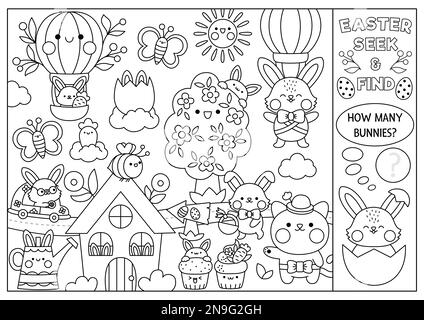 Easter black and white kawaii find differences game coloring page with cute animals in toy vending machine spring holiday puzzle or activity for kid stock vector image art